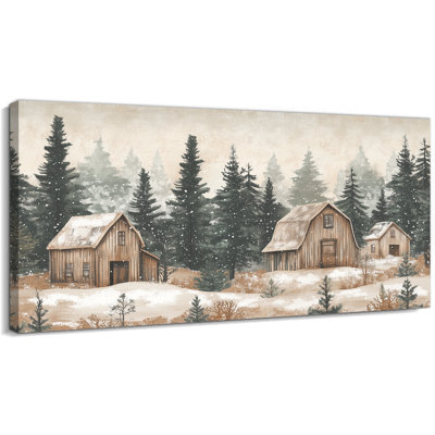  Art mural de Noël scène d'hiver, peintures murales rustiques de grange et de forêt, estampes de photos de vacances enneigées, affiche d'art sur toile pour le salon, 32 x 16 po
