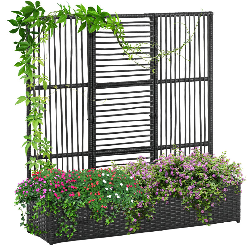 Jardinière en rotin avec treillis, lit de jardin surélevé, brun sable, Noir