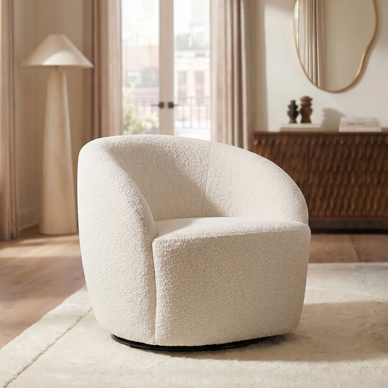 Alma Boucle Upholstered Swivel Lounge Chair, Crema White Boucle