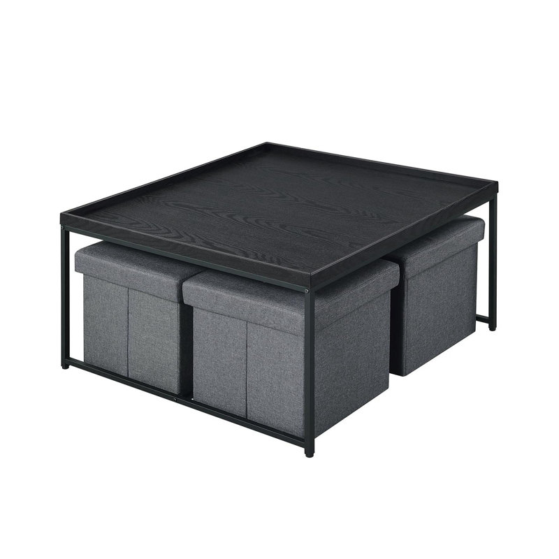 Aitor Wood Grain 5 Piece Coffee Table Set With Raised Edges, Black, 20" H x 35" L x 35" W