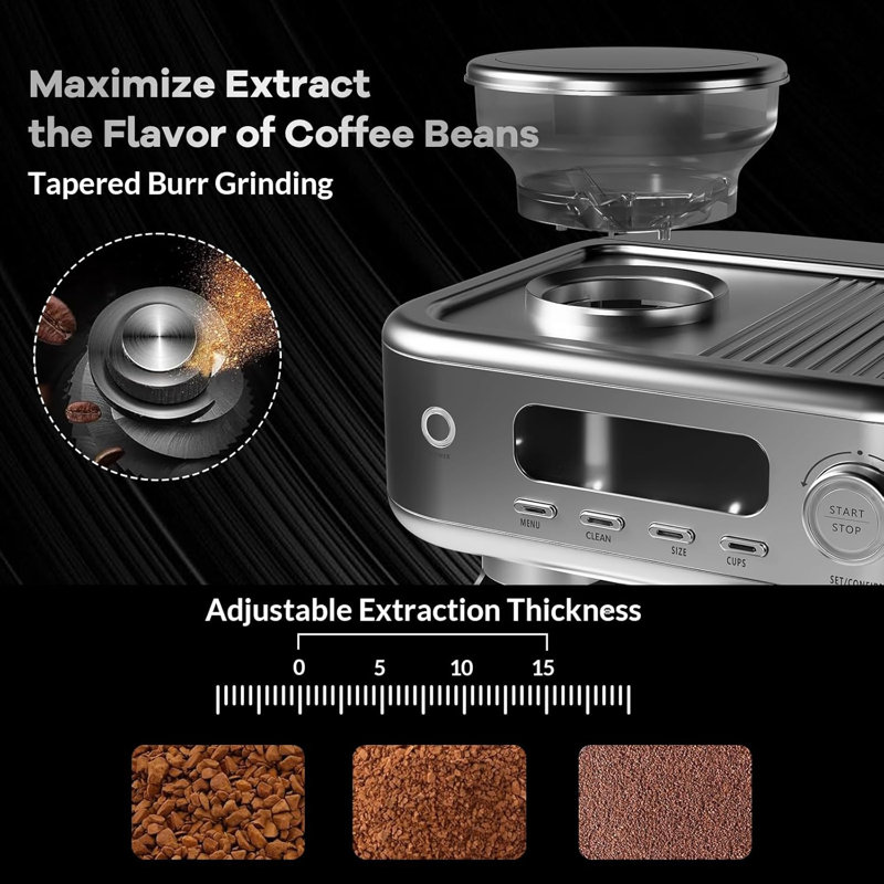 Machine à café avec moulin, machine à espresso avec mousseur à lait puissant, affichage à cristaux liquides, cafetière en acier inoxydable