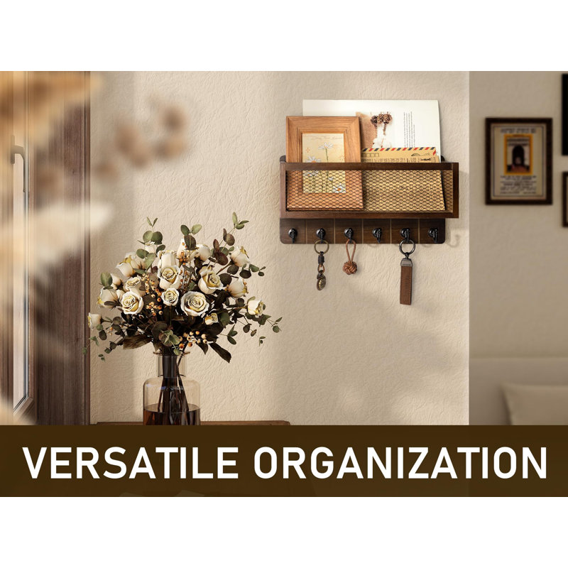 Porte-clés de ferme pour mur avec panier de rangement de courrier: organisateur mural décoratif avec 6 crochets muraux robustes et porte-clés en bois - Rustic Home Decor (brun rétro)