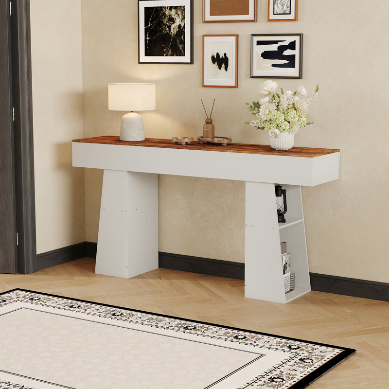 Console 63 pouces blanche avec rangement latéral caché, canapé moderne en bois pour le couloir et le salon, meubles d'appoint anti-basculement pour vestibule