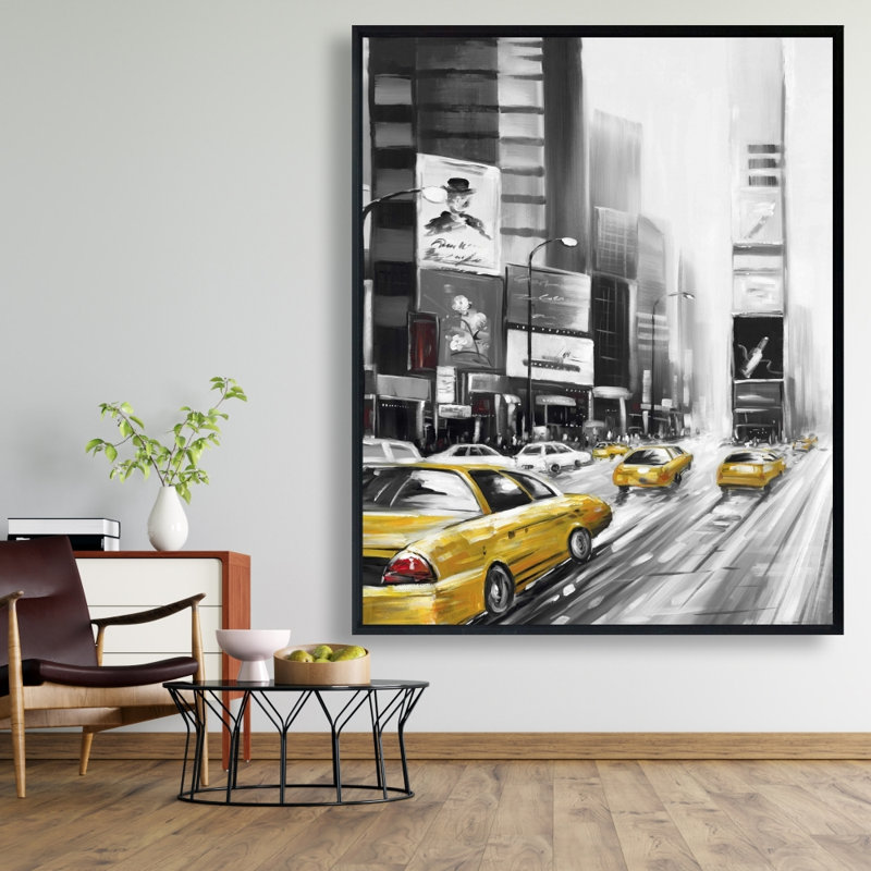 Times Square et toile de taxis jaune - décor de bâtiment gris