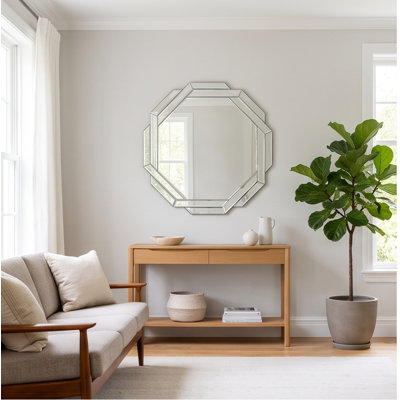 29.92-Inch Octagonal Frameless Beveled Wall Mirror, Geometric Mirror for Living Room, Bathroom, Hallway Decor