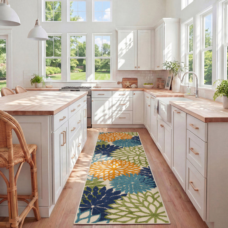 Tapis intérieur/extérieur Alsaedi floral vert/bleu/orange, Tapis de couloir 2 pi 3 po x 10 pi