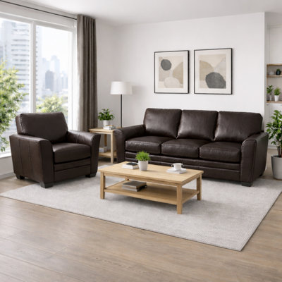 Ensemble de canapé et de chaise en cuir Nadin de qualité supérieure avec coussins de dossier moelleux de couleur espresso