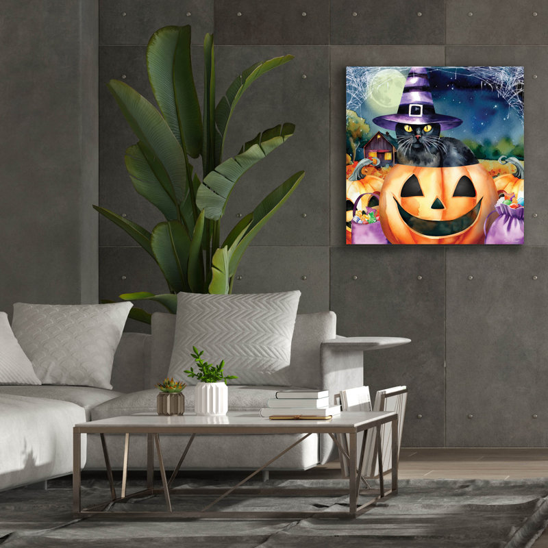  «Black Cat In Pumpkin» par Nicole DeCamp, art mural sur toile, 37 po x 37 po