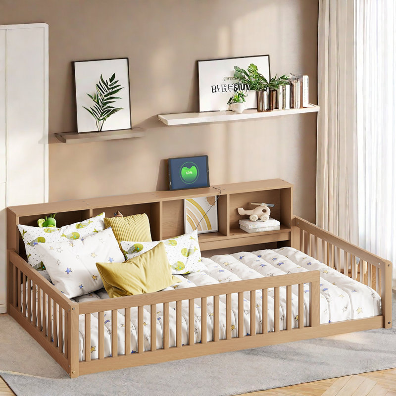 Lit en bois avec armoires de rangement et ports USB intégrés, Brown