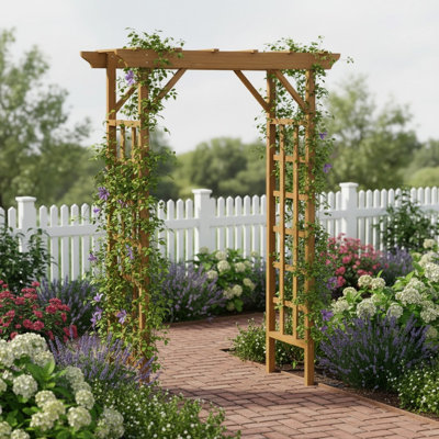 Tonnelle de jardin en bois massif avec finition brun clair chaud, arche de mariage et treillis, H 85 po