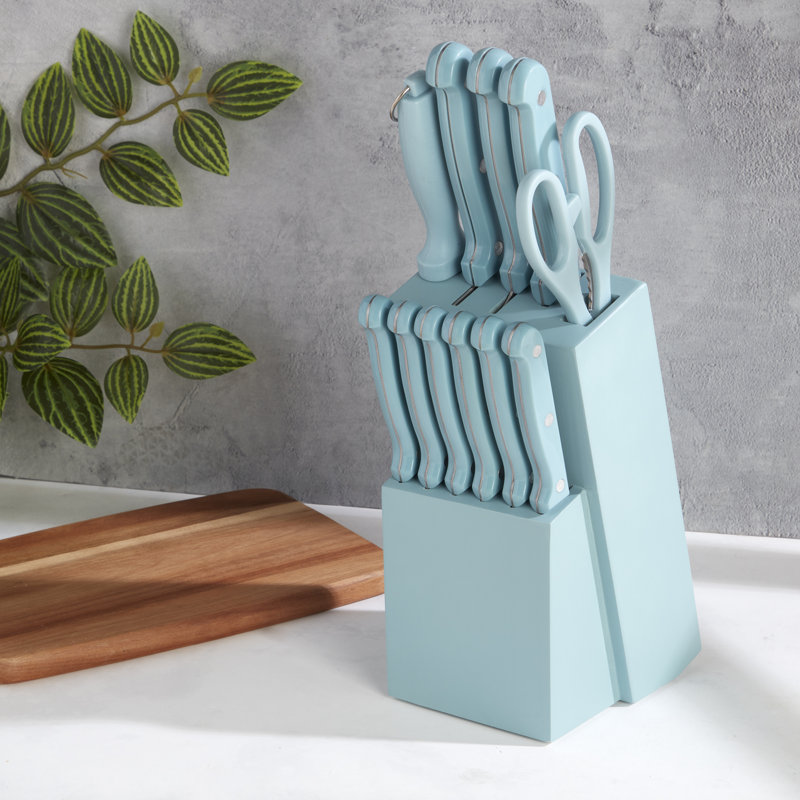 Basic Essentials 12-Piece Stainless Steel Kitchen Knife Set With Wood Block, Blue