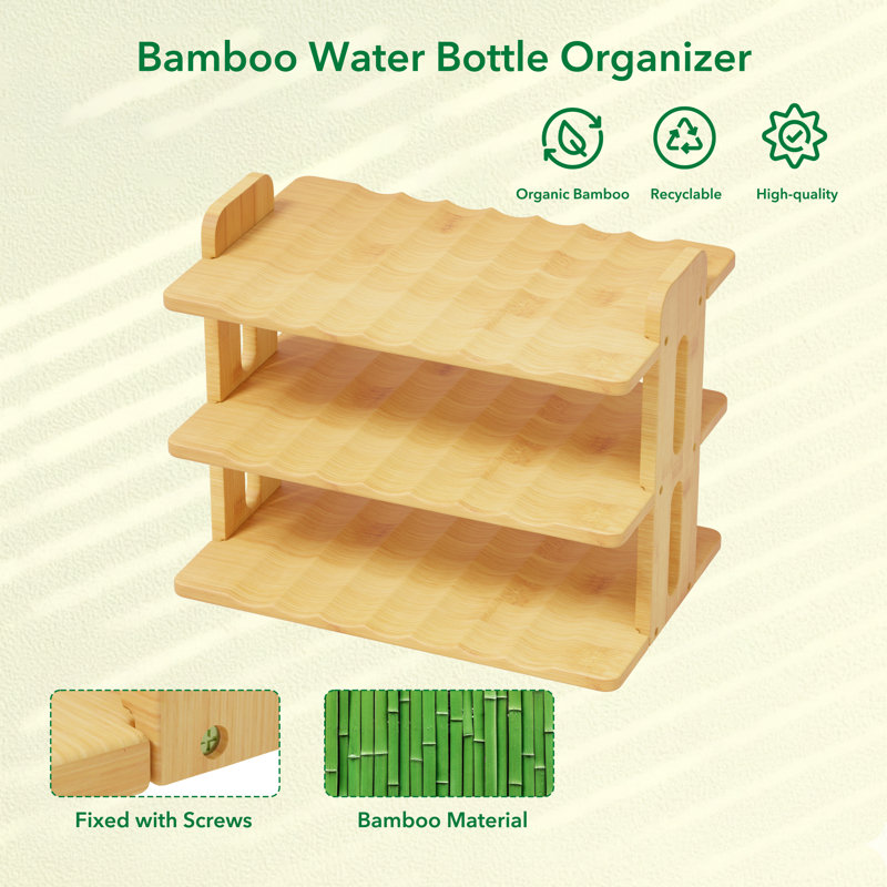 Bamboo 3-Tier Water Bottle Organizer with Labels, Kitchen Pantry Storage Rack for Cup, Wine & Bottle Holder