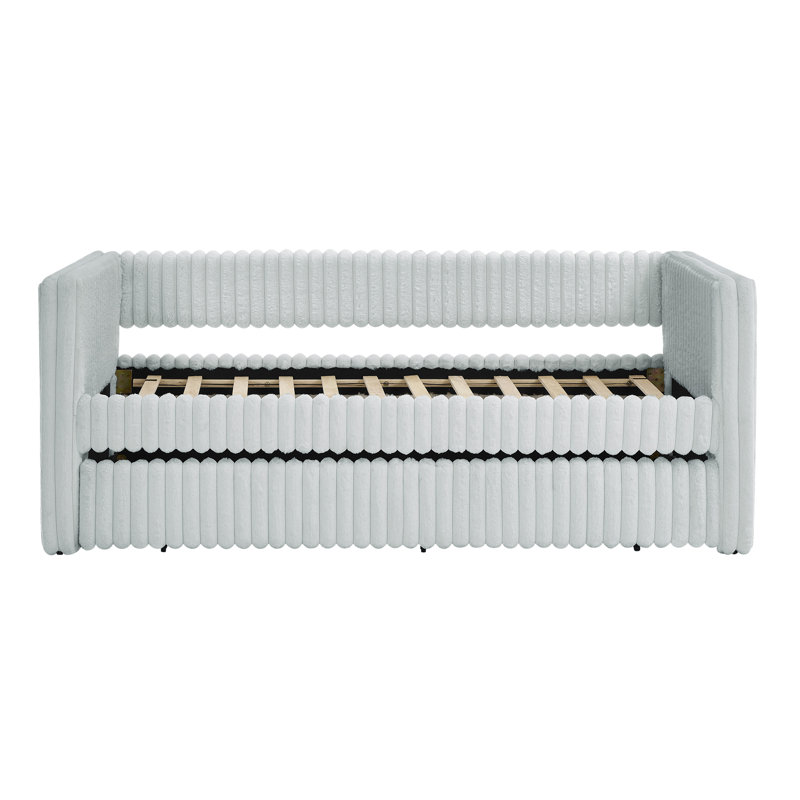 , Upholstered Day Bed Frame With Backrest And Wood Slat Support