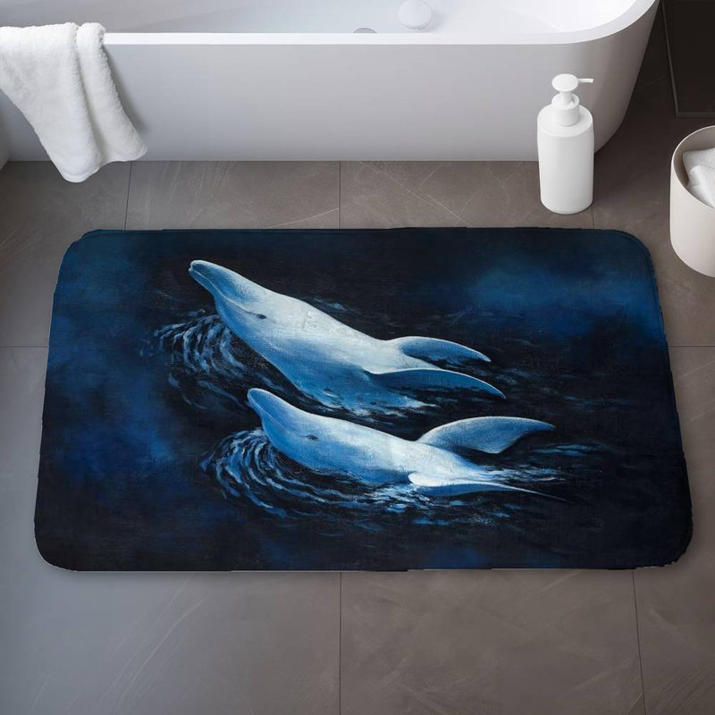 Two swimming dolphins Bath Mat with Non-Slip Backing - Quick Dry Memory Foam Bathroom Rug - Absorbent - Modern Plush Spa-Style - Machine Washable