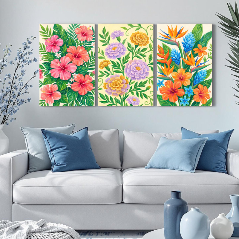 Ensemble de 3 tableaux sur toile représentant des fleurs et des feuilles tropicales, idéal pour la décoration du salon et de la chambre.