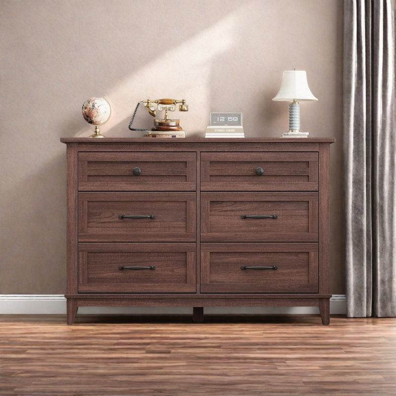 Commode 6 tiroirs pour chambre à coucher, commode large avec rangement autoportant, Brun