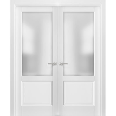 French Double Panel Lite Doors with Hardware Lucia 22 White Silk with Frosted Opaque Glass Panel Frame Trims Bathroom Bedroom Interior Sturdy Door 56" x 96" (2* 28x96)