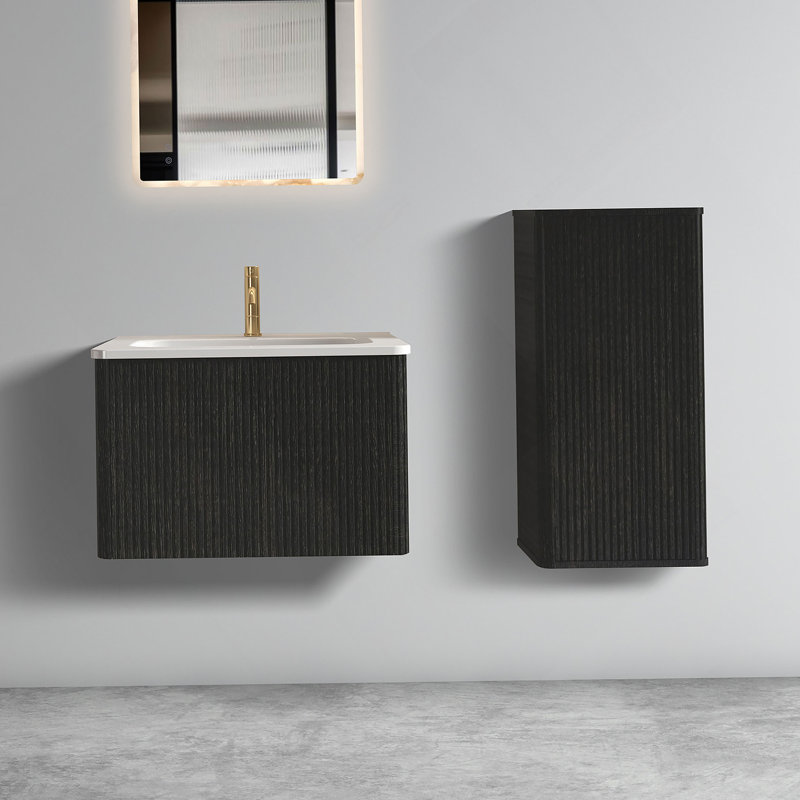 Meuble-lavabo flottant 24 po en chêne brossé rayé avec lavabo en céramique blanc, meuble-lavabo une pièce sans évier, pré-assemblé