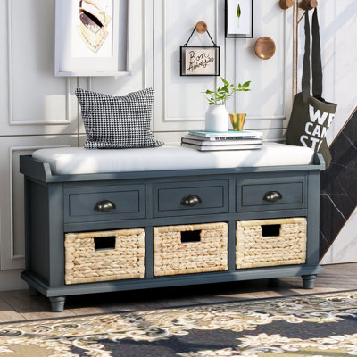 Banc de rangement rustique avec 3 tiroirs et 3 paniers en rotin