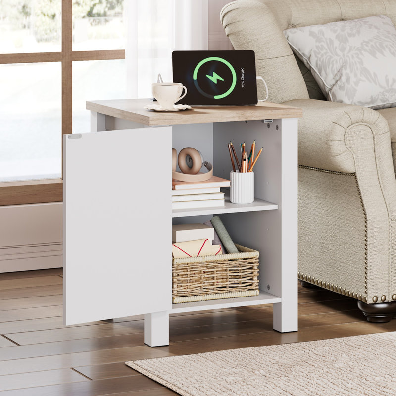 Adaija 18" W Nightstand with Charging, Farmhouse End Table with Barn Door and 3-Level Shelf Storage, Rustic Side Table with AC & USB Power Outlets for Bedroom and Living Room