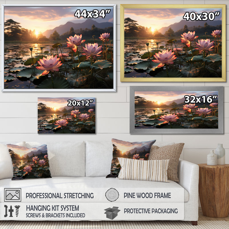 «Pink Green Lotus Field With Sunset», reproduction d'art sur toile encadrée Lotus, Toile tendue, H 24 po x l 32 po x P 1 po