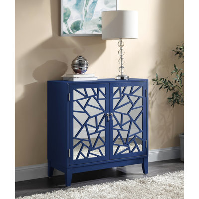 Console bleue - 2 portes de rangement, bois composite et miroir, plateau de table épais de 18 mm, table d'appoint rectangulaire avec prises magnétiques en bois de style tendance,