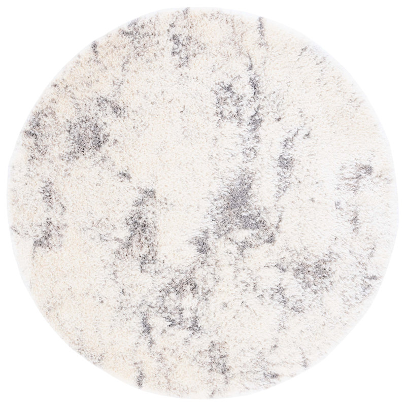 Tapis abstrait en polyester tissé à la machine en ivoire / gris, Rond 6 pi 7 po