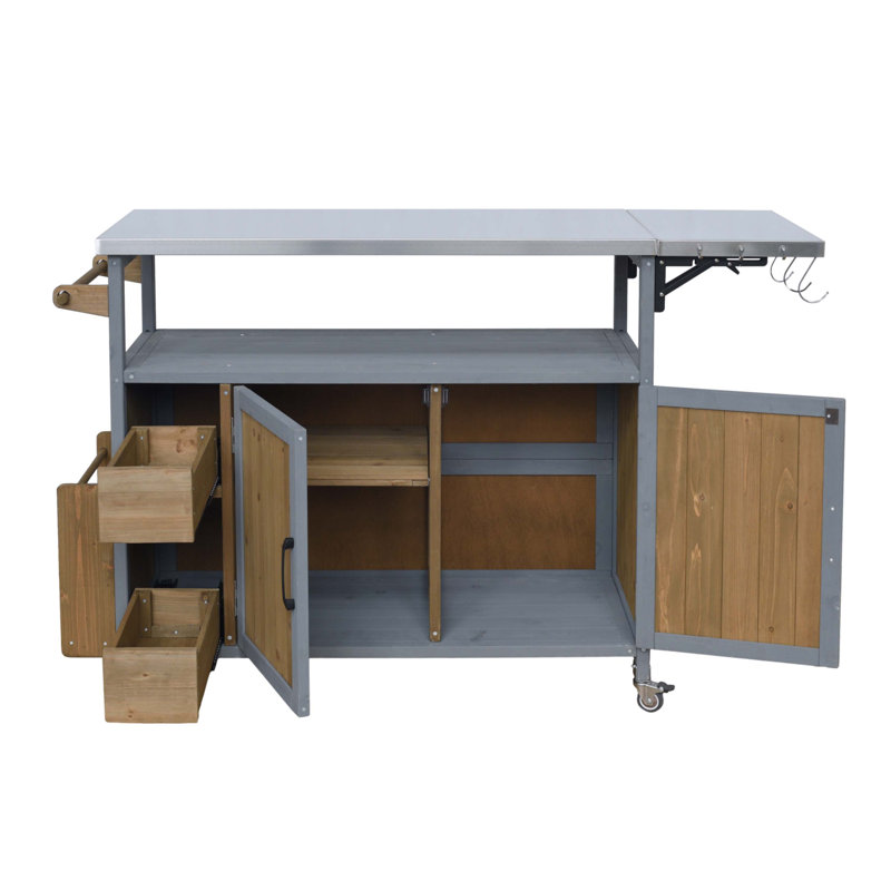 54.33" Farmhouse Rolling Outdoor Kitchen Cart, Blue Gray/Walnut Brown