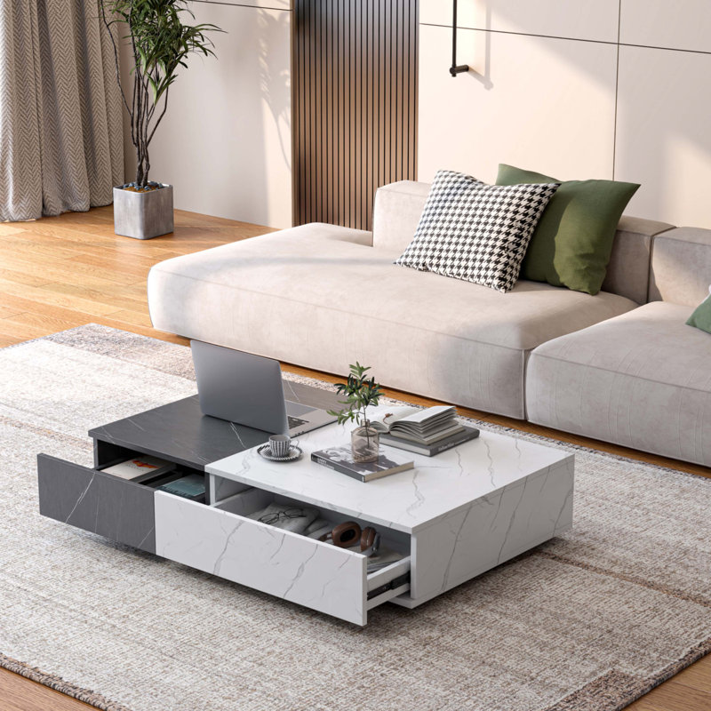 Table basse moderne et noire avec deux espaces de rangement, Blanc/Noir, Marbre