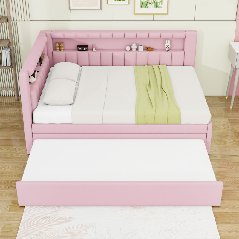Full Size Linen Upholstered Daybed with LED Lighting, USB Charging Ports and Twin Trundle, Pink
