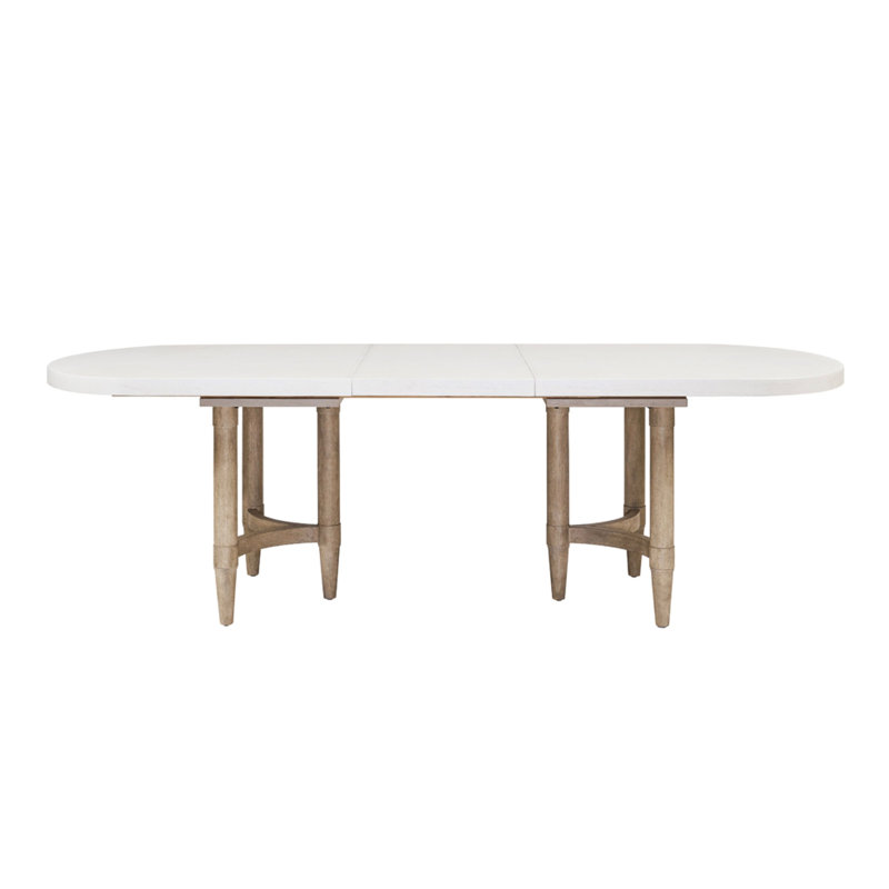Table de salle à manger extensible avec piédestal double et rallonge de 20 po, l 98 po, finition couleur sable, base en bois massif et style triade transitionnel décontracté