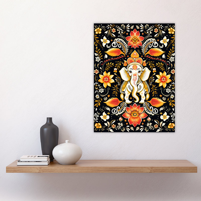 Wall Art Print Decorated Indian Elephant with Flower Patterns Vibrant Ornate Floral Design on Poster