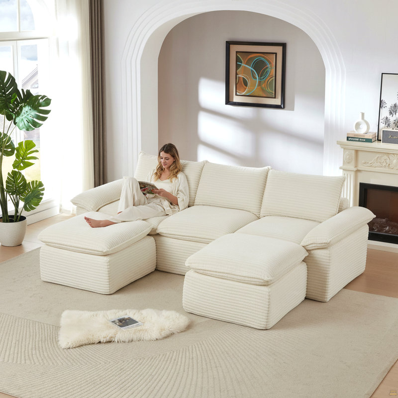 Corduroy Cloud Sofa, 35.43" H x 111.03" W x 70.07" D, White Corduroy