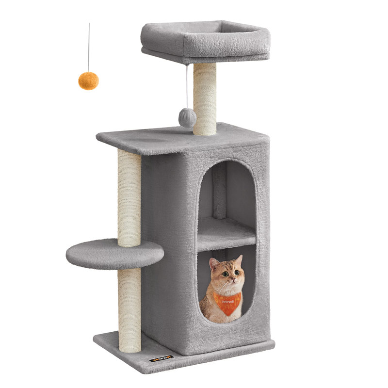 Small Cat Tree Tower With 2 Caves For Multi-Cat Households, Kittens, Scratching Posts, Light Gray