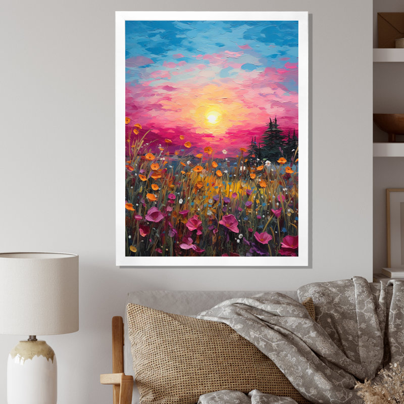 «Breathtake Sunset In Blossoming Flower Meadows I», reproduction sur toile, H 40 po x l 30 po x P 1,5 po, Cadre simple blanc