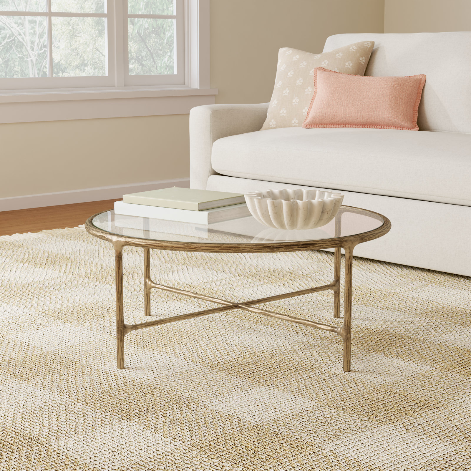 Evelynn 4 Legs Coffee Table, Brass, Clear, Glass