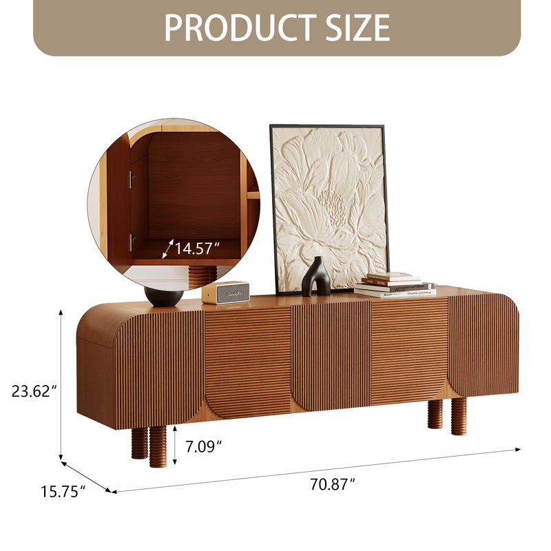 Meuble télé de style Mid-Century moderne entièrement assemblé en bois massif, armoire de rangement 70,87 po avec pieds en spirale et centre de divertissement rétro