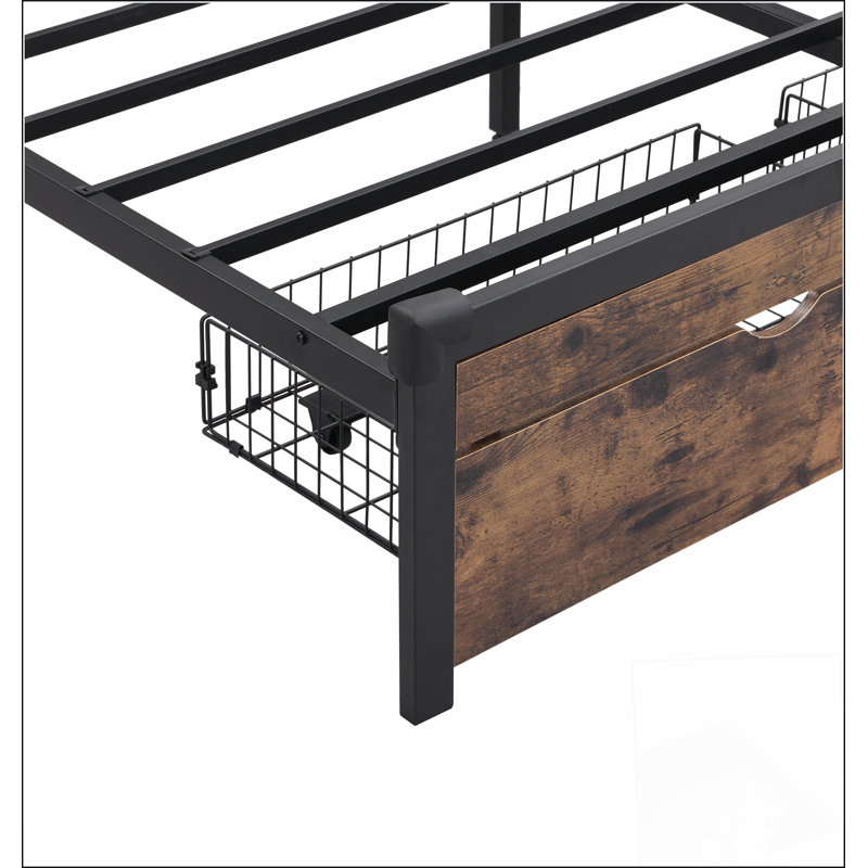 Structure de lit plateforme très grand en métal avec tête de lit en bois et pied de lit USB, station de charge, 2 tiroirs, rangement, lumières DEL, aucun sommier requis, assemblage facile