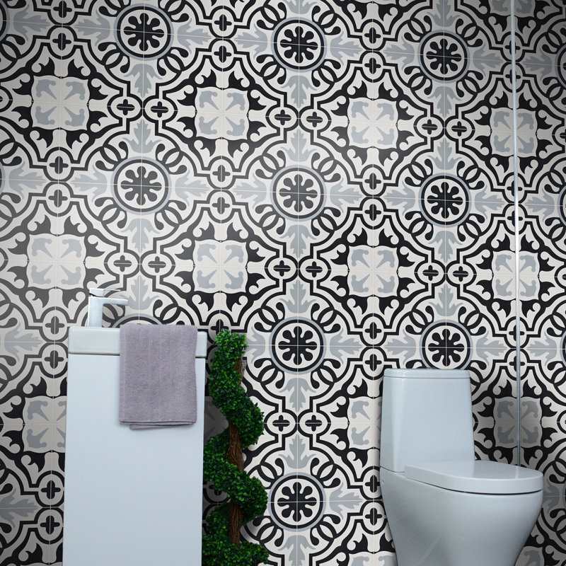 Carreau de ciment à motif de murs et de planchers 8 po x 8 po Baha, Gris / noir