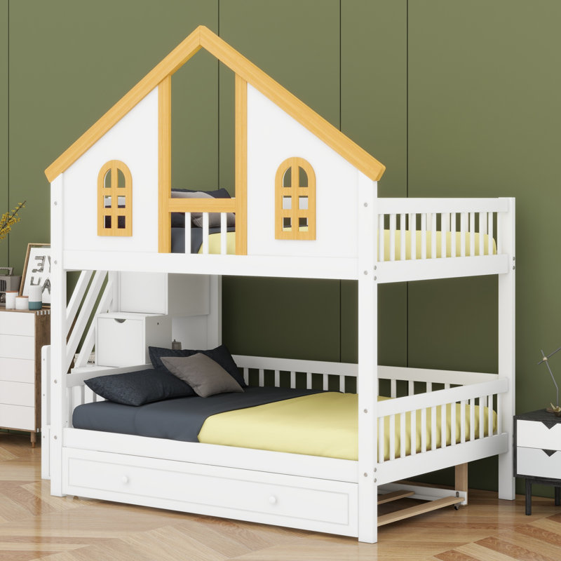 Lit superposé multifonctionnel en bois avec toit, escalier de rangement et lit gigogne, Lit double