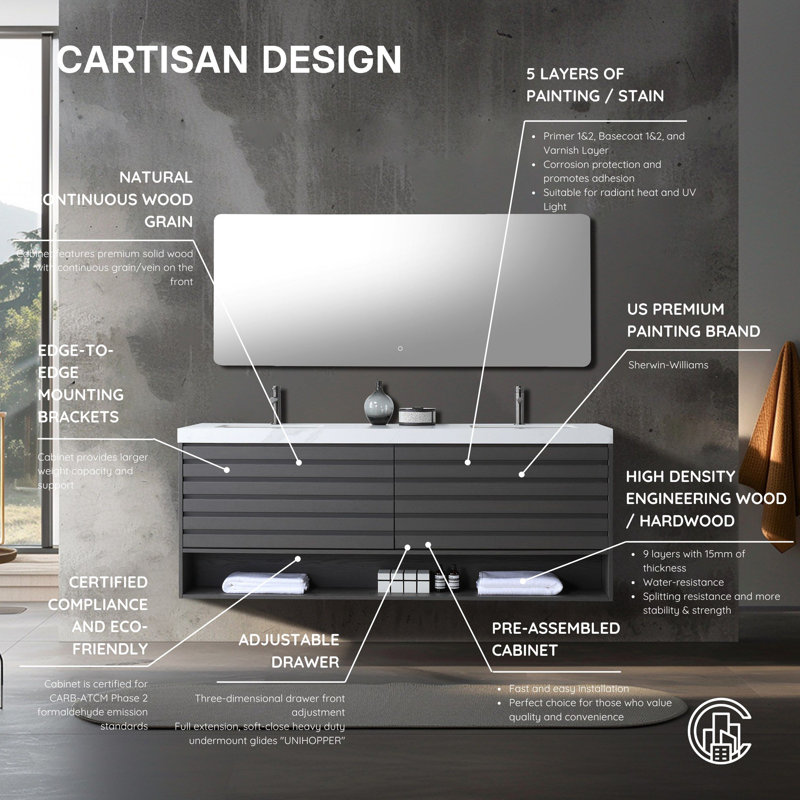 Matera 72" W Double Vanity, White, Charcoal