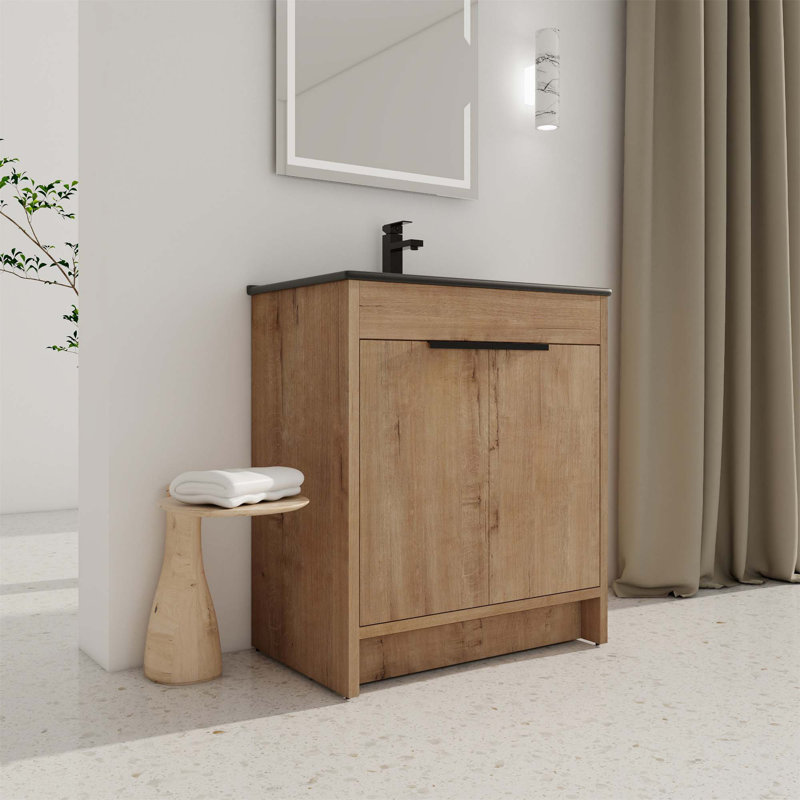 Meuble-lavabo autoportant avec lavabo en céramique, Noir, noir, noir, noir, Imitation chêne