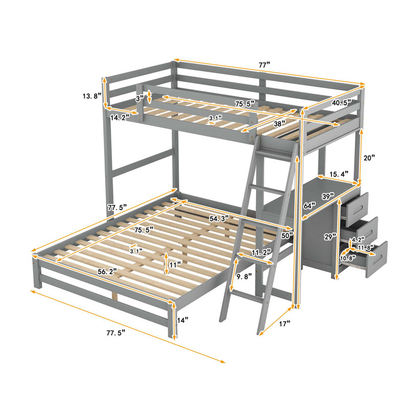 Lit superposé simple au dessus d'un lit double avec bureau intégré et trois tiroirs, gris