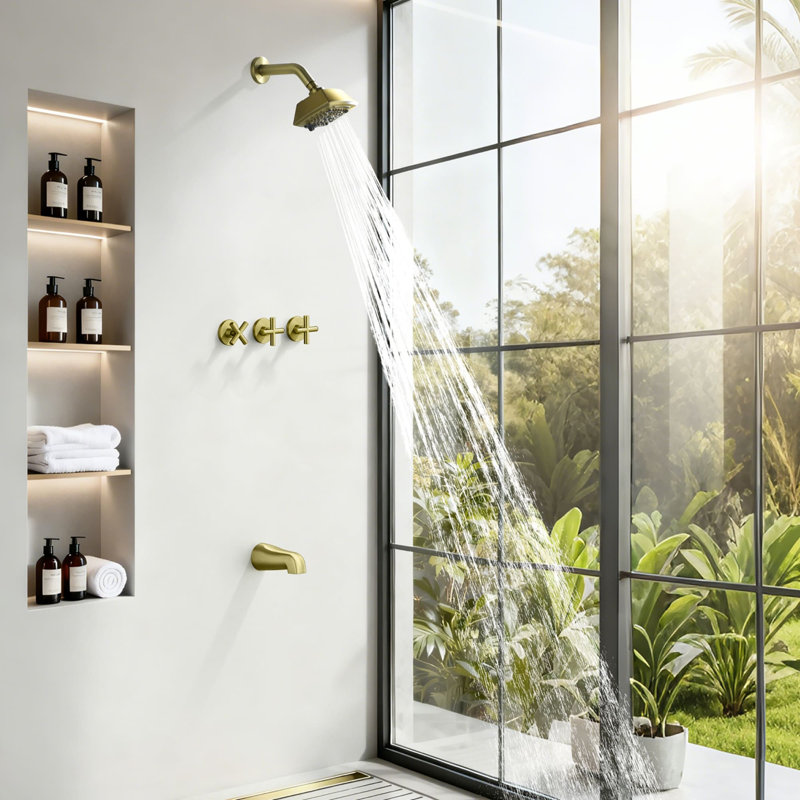 Système de douche mural avec bec de baignoire, robinet de douche de 5 pouces, ensemble de garniture de douche à 3 poignées en laiton avec valve brute