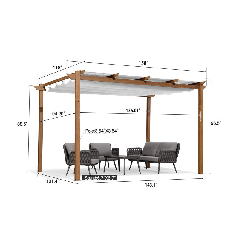 PURPLE LEAF 10' x 13' Outdoor Retractable Pergola with Sun Shade Canopy Patio Metal Shelter for Garden Porch Pavilion Natural Wood Grain Frame Aluminum Gazebo Modern Backyard Grill Pergola White