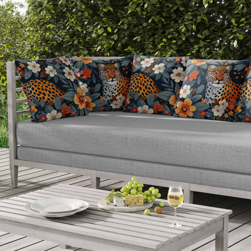 Coussin intérieur / extérieur Jungle Cat, Bleu / orange / marine, Carré 18 po