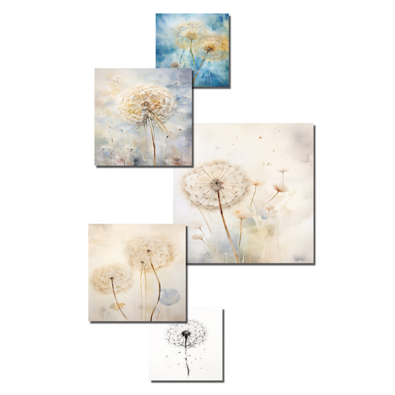 Blue Dandelion Dreams - Ensemble de 5 décorations murales de pissenlit