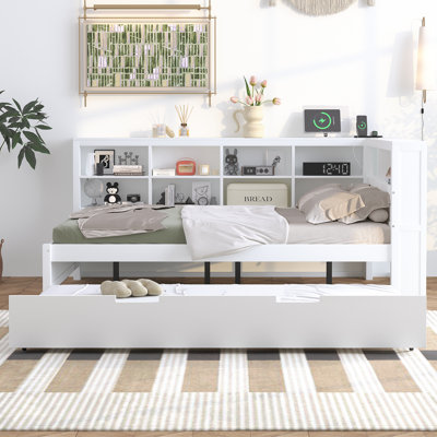 Emareon Wooden Space Saver Daybed with Trundle, USB Charger and 2 Storage Shelf