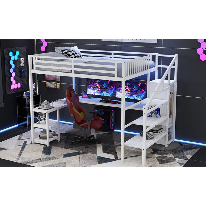Grand lit mezzanine en métal blanc avec 16 lumières DEL statiques, charge et télécommande de bureau - vitesse réglable, sous rangement