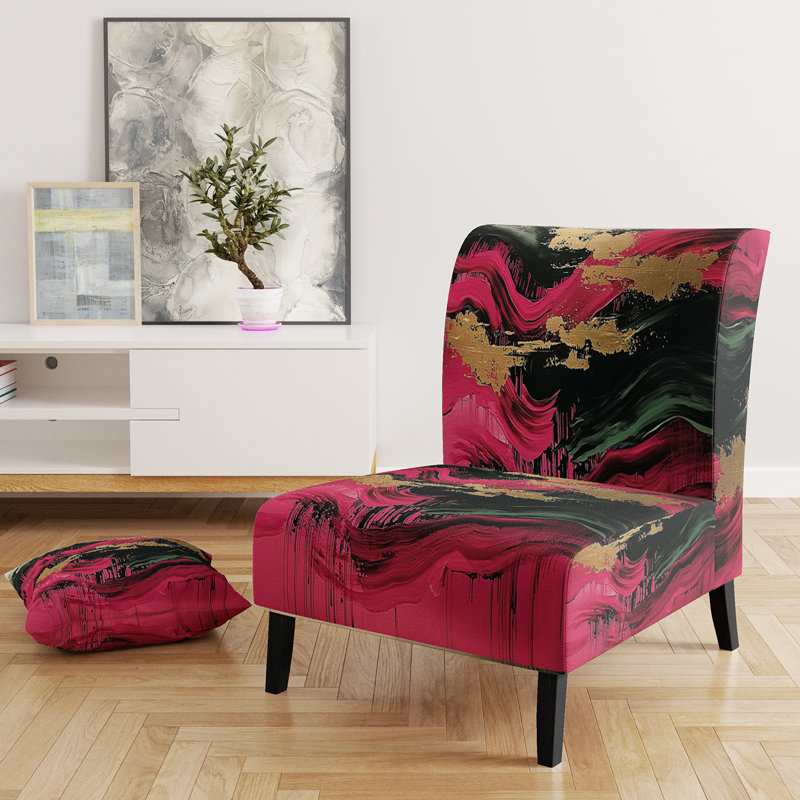 White Stained Glass Floral - Velvet Upholstered Floral Slipper Chair, Pink/Black